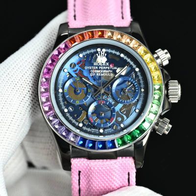 SJ Factory Rolex Daytona Hollow Face 316L Steel 43mm Quartz Movement Pink/Red Band Rainbow Bezel Watch